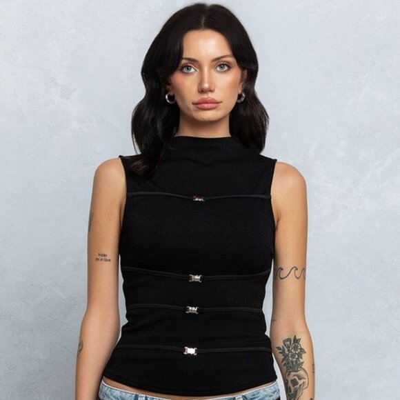 High Neck Belted Tank Top - Black - Picture 1 of 2